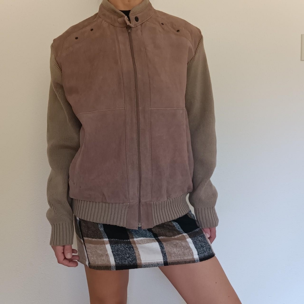 Vintage Split Skin Leather & Knit Bomber Jacket / Size Large